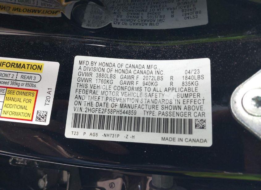 Photo 9 of 2023 Honda Civic SPORT (VIN 2HGFE2F58PH544859)