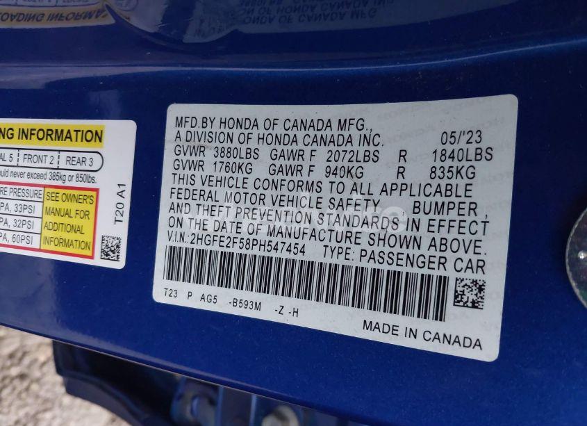 Photo 9 of 2023 Honda Civic SPORT (VIN 2HGFE2F58PH547454)