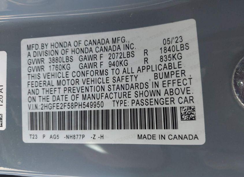 Photo 9 of 2023 Honda Civic SPORT (VIN 2HGFE2F58PH549950)