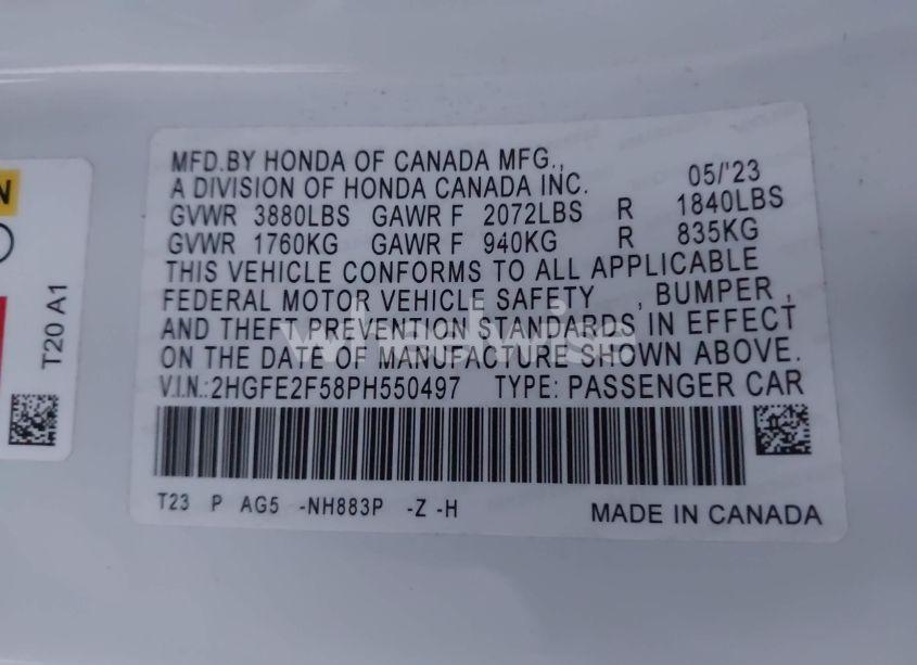 Photo 9 of 2023 Honda Civic SPORT (VIN 2HGFE2F58PH550497)