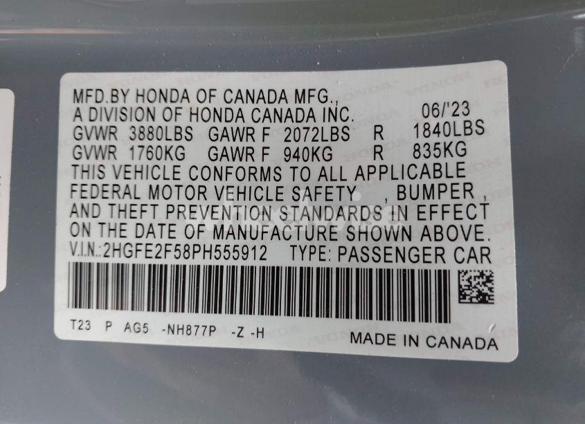 Photo 9 of 2023 Honda Civic SPORT (VIN 2HGFE2F58PH555912)