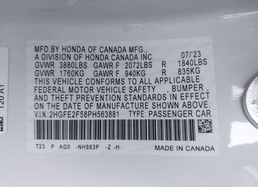 Photo 9 of 2023 Honda Civic SPORT (VIN 2HGFE2F58PH563881)