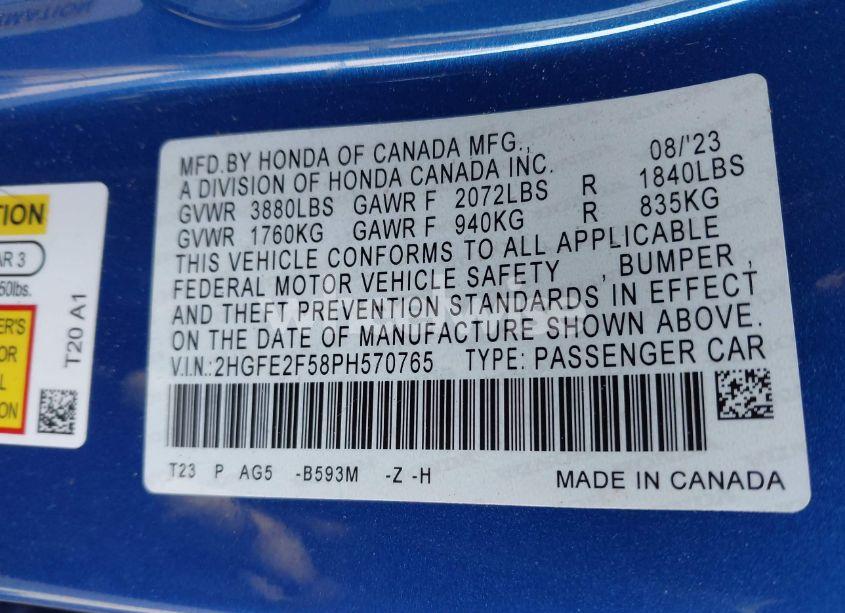 Photo 9 of 2023 Honda Civic SPORT (VIN 2HGFE2F58PH570765)