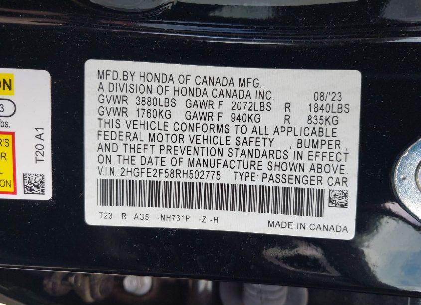 Photo 9 of 2024 Honda Civic SPORT (VIN 2HGFE2F58RH502775)