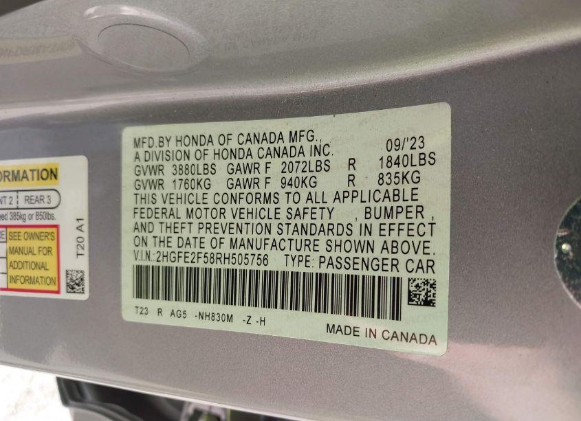 Photo 9 of 2024 Honda Civic SPORT (VIN 2HGFE2F58RH505756)