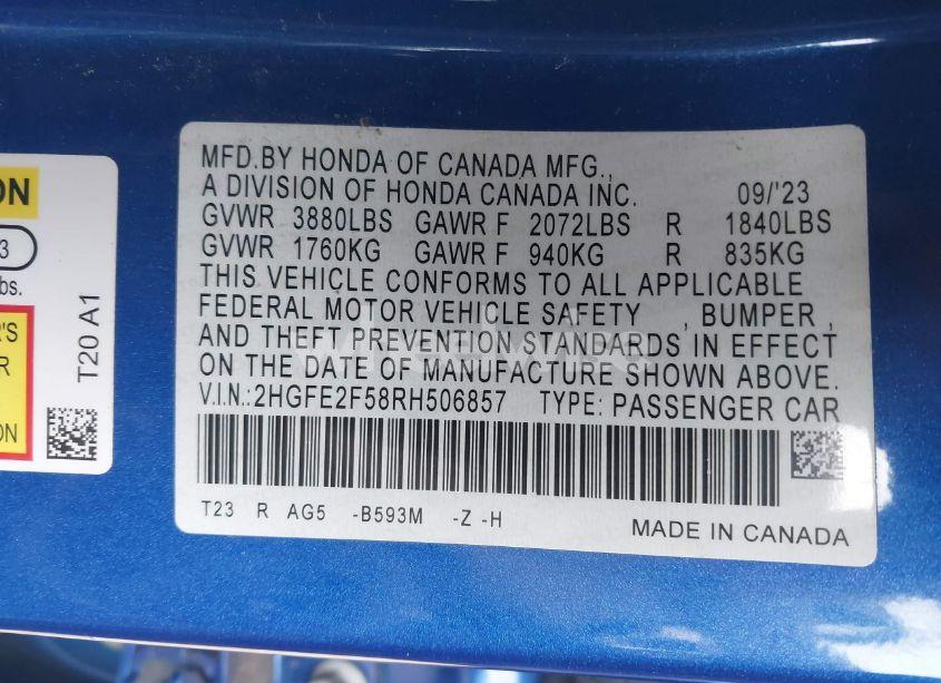 Photo 9 of 2024 Honda Civic SPORT (VIN 2HGFE2F58RH506857)