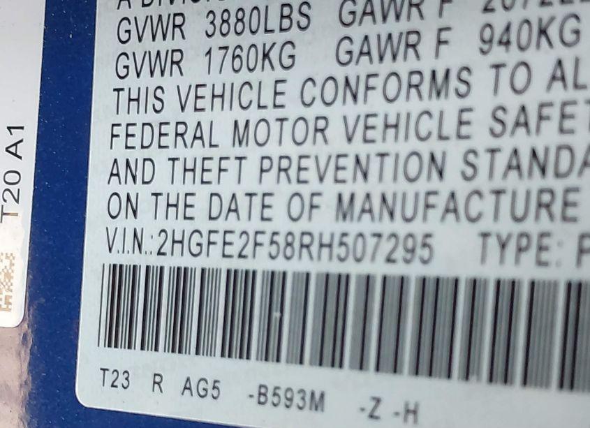 Photo 9 of 2024 Honda Civic SPORT (VIN 2HGFE2F58RH507295)