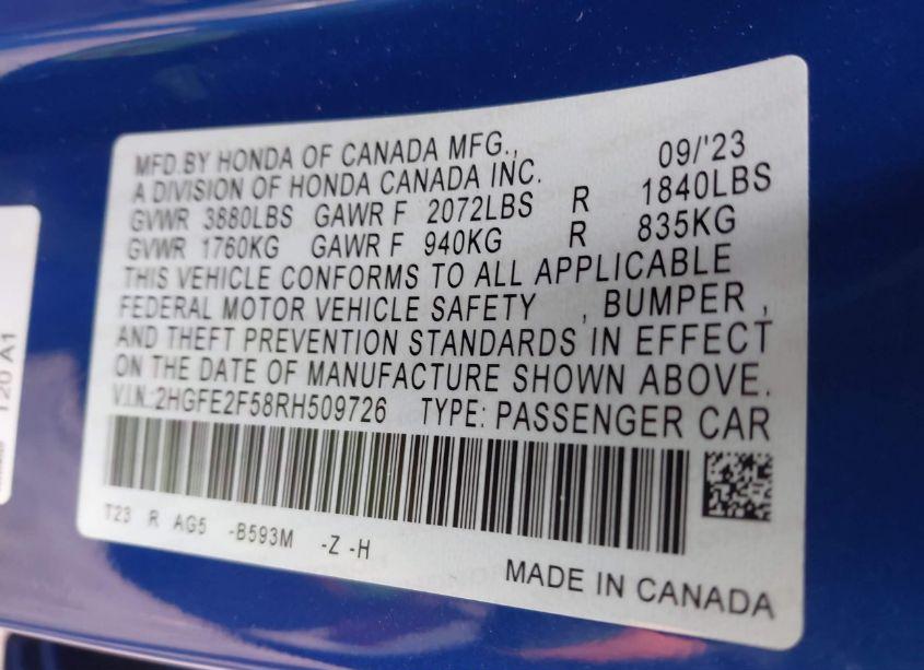 Photo 9 of 2024 Honda Civic SPORT (VIN 2HGFE2F58RH509726)