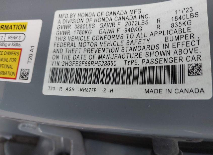 Photo 9 of 2024 Honda Civic SPORT (VIN 2HGFE2F58RH528650)