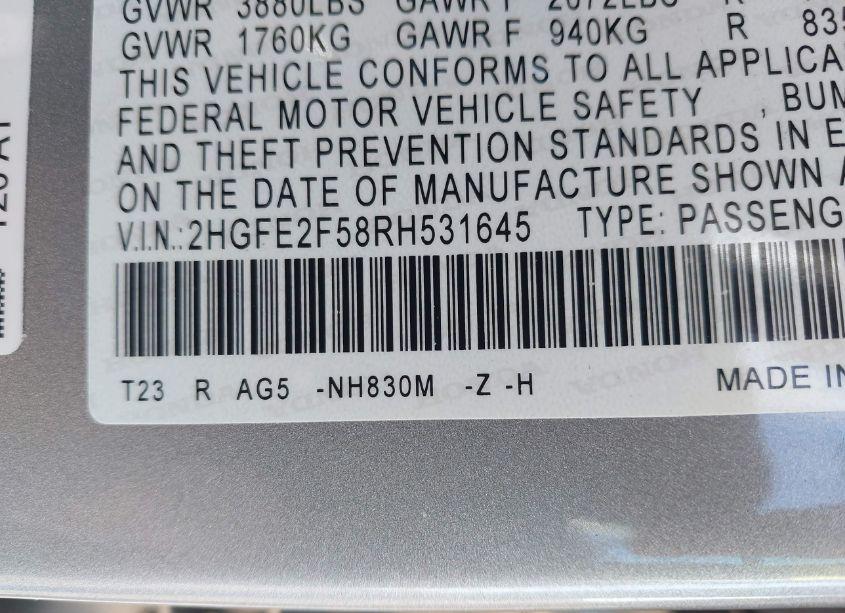 Photo 9 of 2024 Honda Civic SPORT (VIN 2HGFE2F58RH531645)