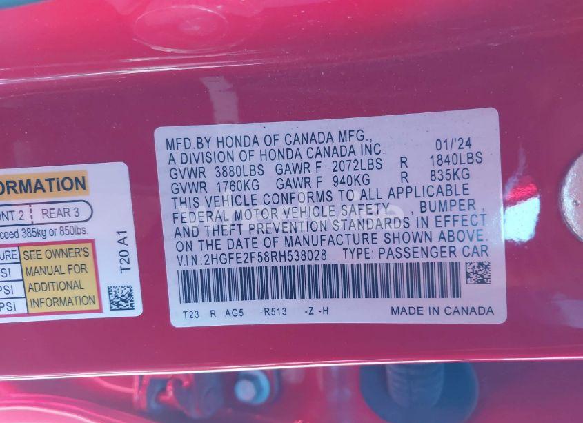 Photo 9 of 2024 Honda Civic SPORT (VIN 2HGFE2F58RH538028)