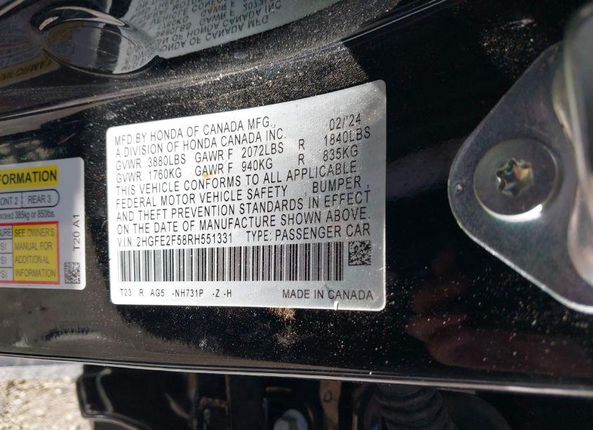 Photo 9 of 2024 Honda Civic SPORT (VIN 2HGFE2F58RH551331)