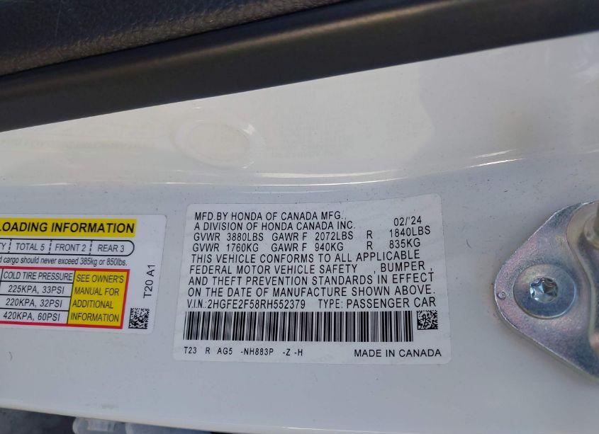 Photo 9 of 2024 Honda Civic SPORT (VIN 2HGFE2F58RH552379)