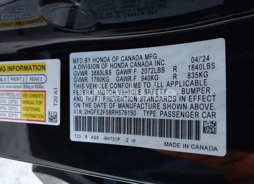 Photo 9 of 2024 Honda Civic SPORT (VIN 2HGFE2F58RH576150)