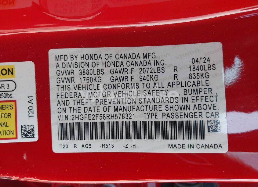 Photo 9 of 2024 Honda Civic SPORT (VIN 2HGFE2F58RH578321)