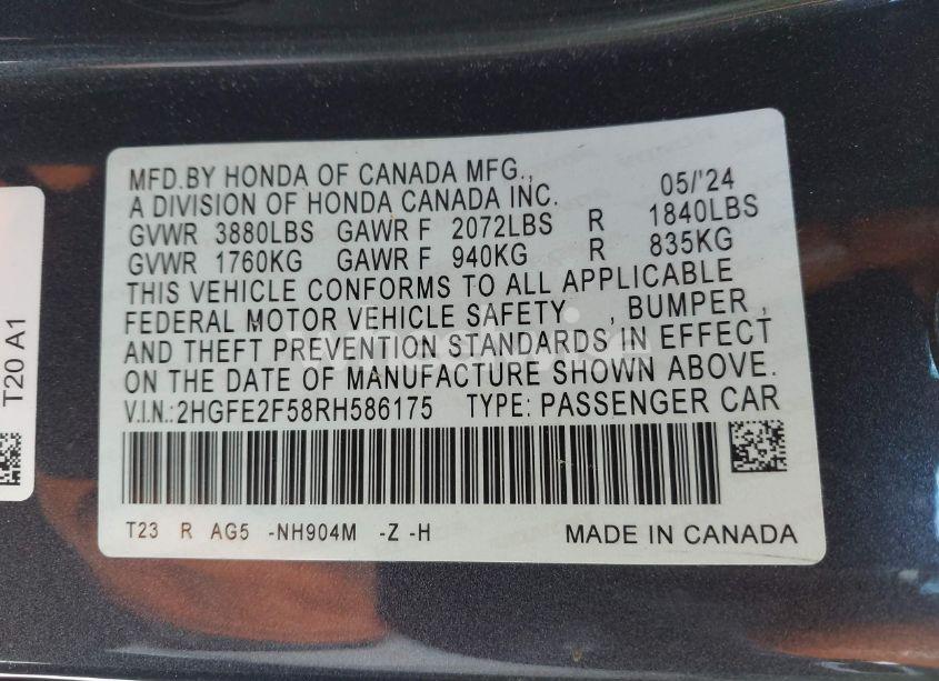 Photo 9 of 2024 Honda Civic SPORT (VIN 2HGFE2F58RH586175)