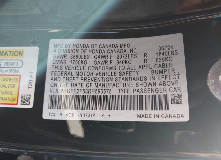 Photo 9 of 2024 Honda Civic SPORT (VIN 2HGFE2F58RH596575)