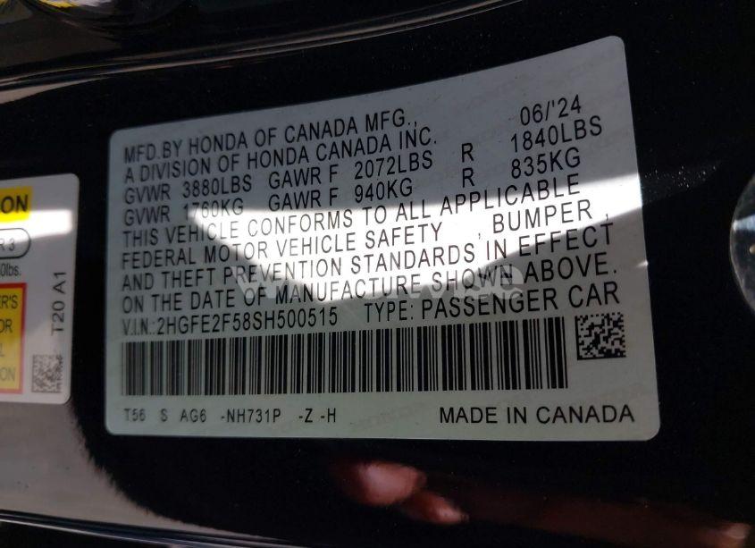 Photo 9 of 2025 Honda Civic SPORT (VIN 2HGFE2F58SH500515)