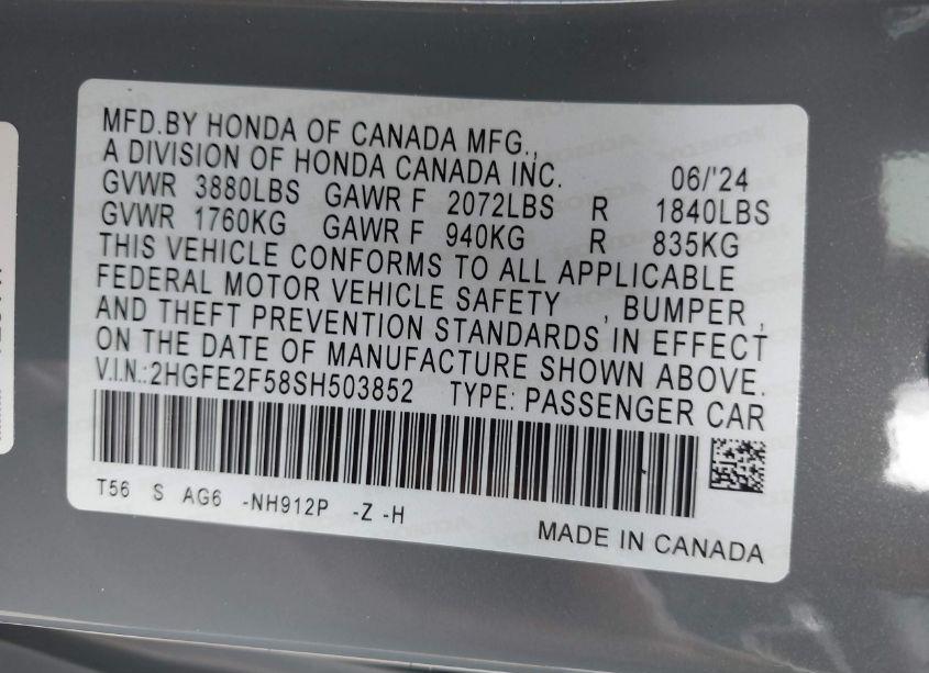 Photo 9 of 2025 Honda Civic SPORT (VIN 2HGFE2F58SH503852)