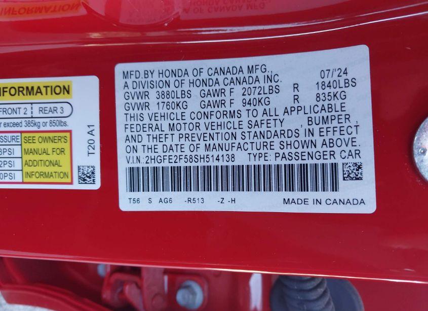 Photo 9 of 2025 Honda Civic SPORT (VIN 2HGFE2F58SH514138)