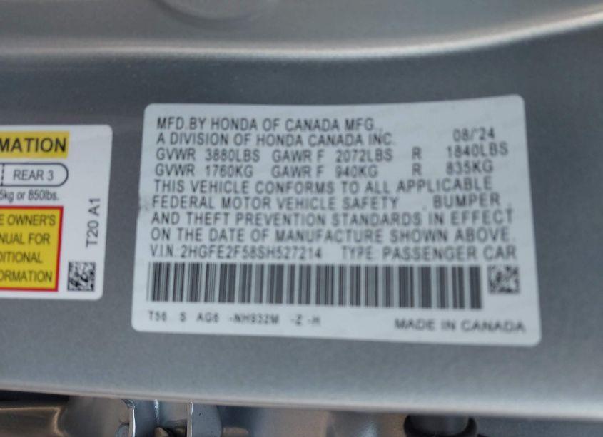 Photo 9 of 2025 Honda Civic SPORT (VIN 2HGFE2F58SH527214)