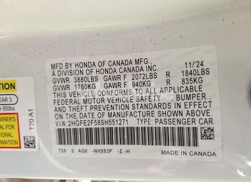 Photo 9 of 2025 Honda Civic SPORT (VIN 2HGFE2F58SH551271)