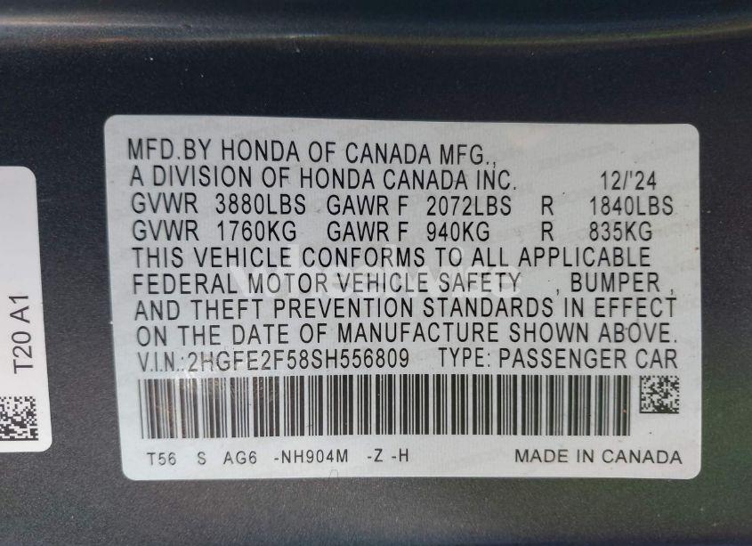 Photo 9 of 2025 Honda Civic SPORT (VIN 2HGFE2F58SH556809)
