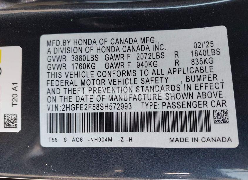 Photo 9 of 2025 Honda Civic SPORT (VIN 2HGFE2F58SH572993)