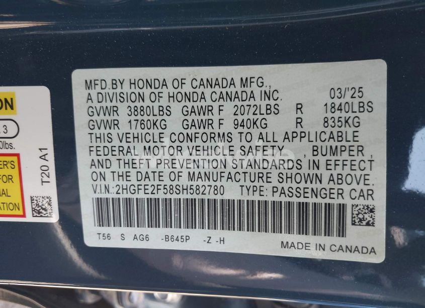 Photo 9 of 2025 Honda Civic SPORT (VIN 2HGFE2F58SH582780)