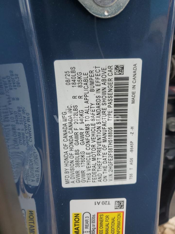 Photo 12 of 2026 HONDA CIVIC SPORT (VIN 2HGFE2F58TH518806)