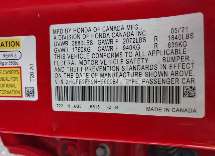 Photo 9 of 2022 Honda Civic SPORT (VIN 2HGFE2F59NH500964)