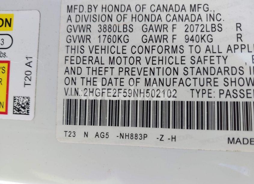 Photo 9 of 2022 Honda Civic SPORT (VIN 2HGFE2F59NH502102)