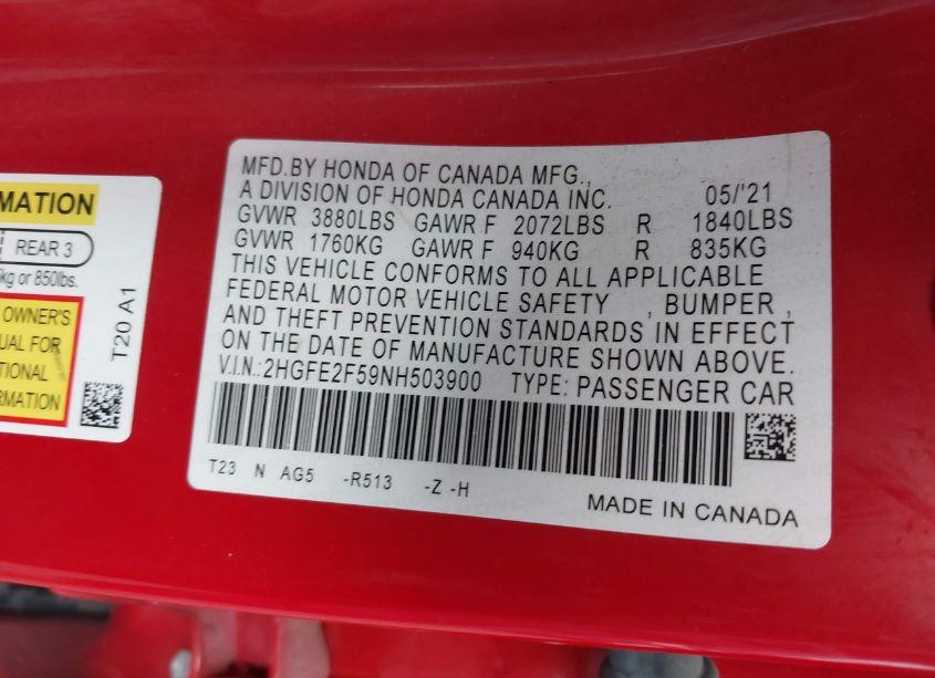 Photo 9 of 2022 Honda Civic SPORT (VIN 2HGFE2F59NH503900)