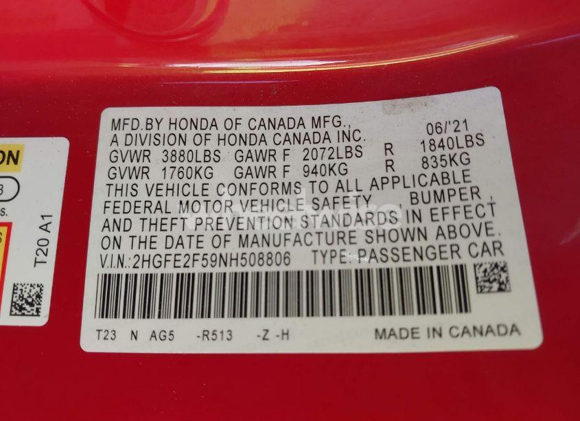 Photo 9 of 2022 Honda Civic SPORT (VIN 2HGFE2F59NH508806)