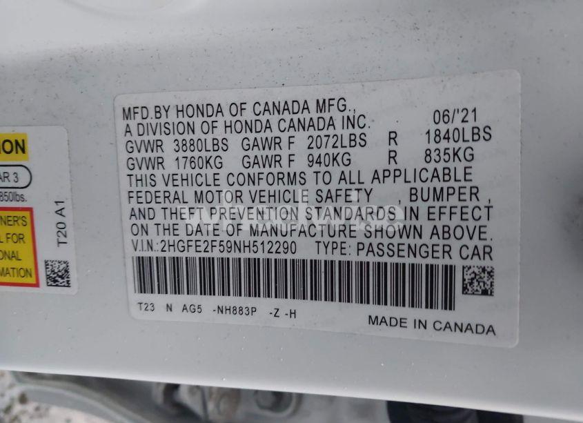 Photo 9 of 2022 Honda Civic SPORT (VIN 2HGFE2F59NH512290)