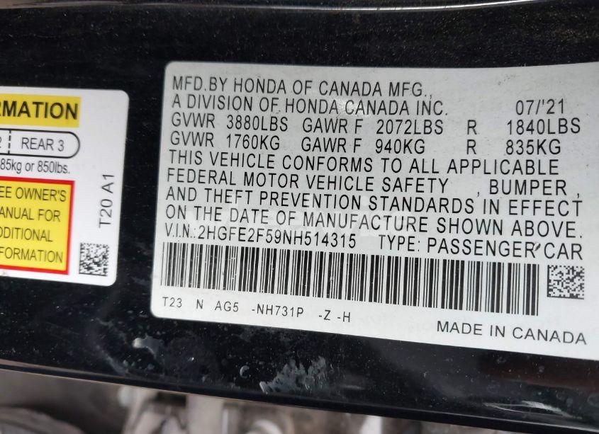 Photo 9 of 2022 Honda Civic SPORT (VIN 2HGFE2F59NH514315)