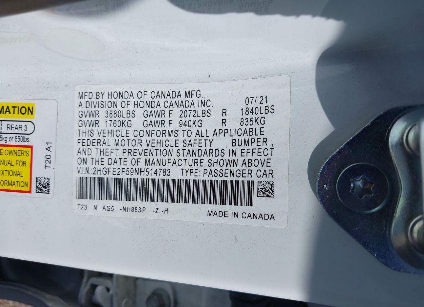 Photo 9 of 2022 Honda Civic SPORT (VIN 2HGFE2F59NH514783)