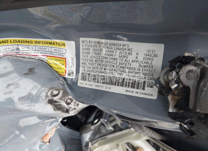 Photo 9 of 2022 Honda Civic SPORT (VIN 2HGFE2F59NH538033)