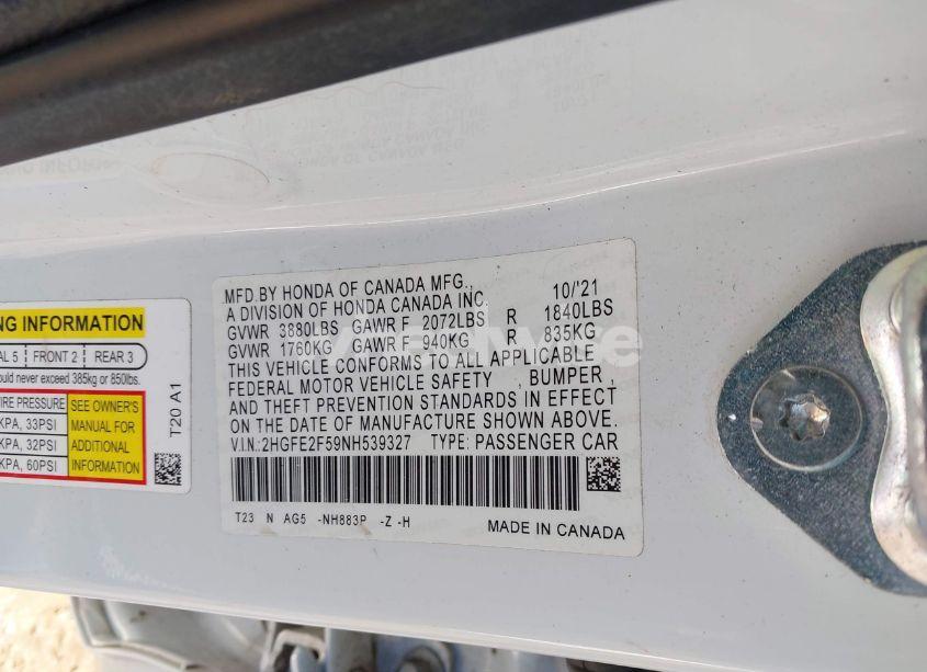 Photo 9 of 2022 Honda Civic SPORT (VIN 2HGFE2F59NH539327)