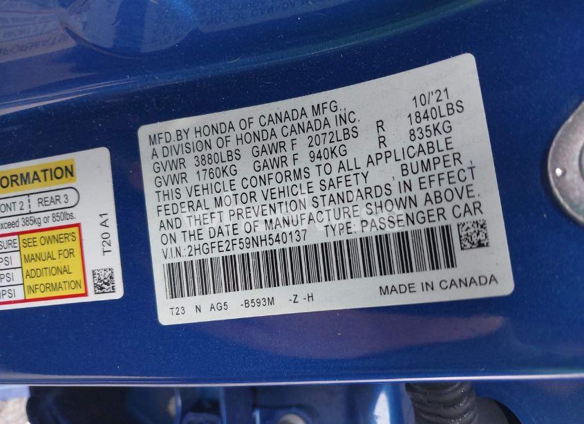 Photo 9 of 2022 Honda Civic SPORT (VIN 2HGFE2F59NH540137)