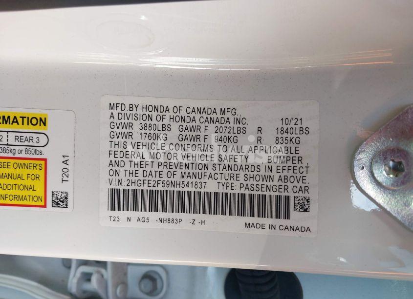 Photo 9 of 2022 Honda Civic SPORT (VIN 2HGFE2F59NH541837)