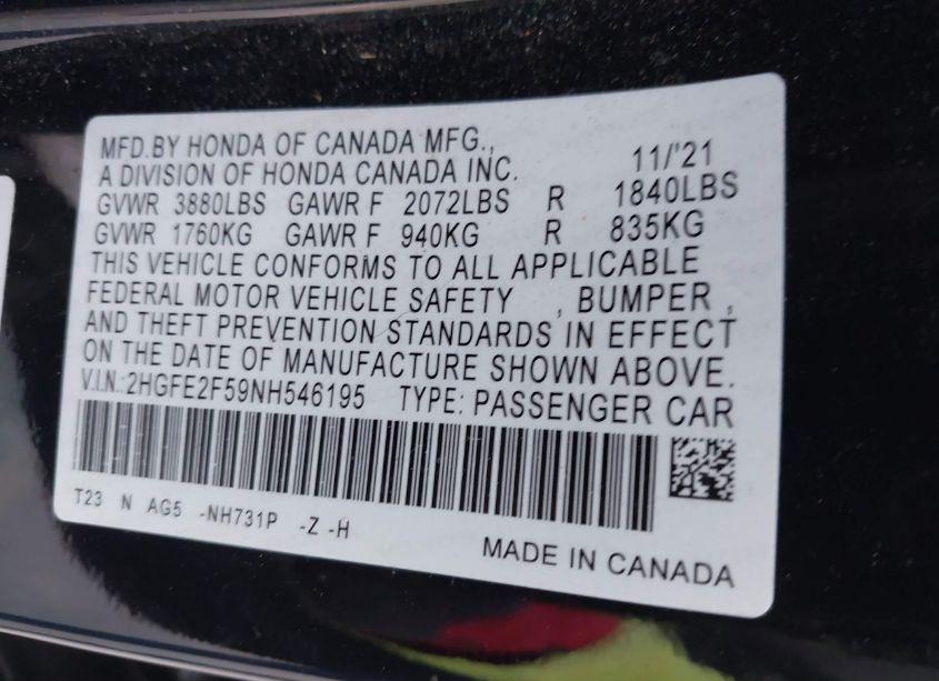Photo 9 of 2022 Honda Civic SPORT (VIN 2HGFE2F59NH546195)