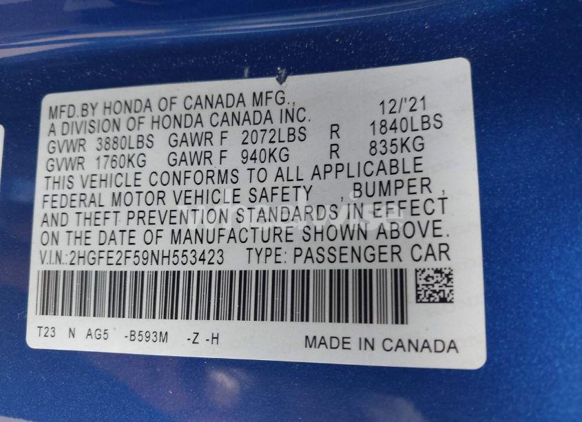 Photo 9 of 2022 Honda Civic SPORT (VIN 2HGFE2F59NH553423)