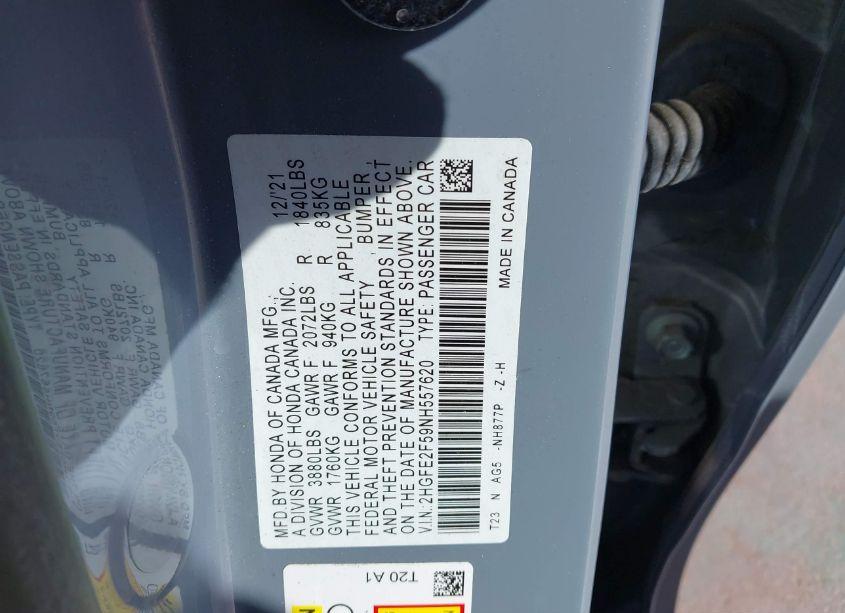 Photo 9 of 2022 Honda Civic SPORT (VIN 2HGFE2F59NH557620)
