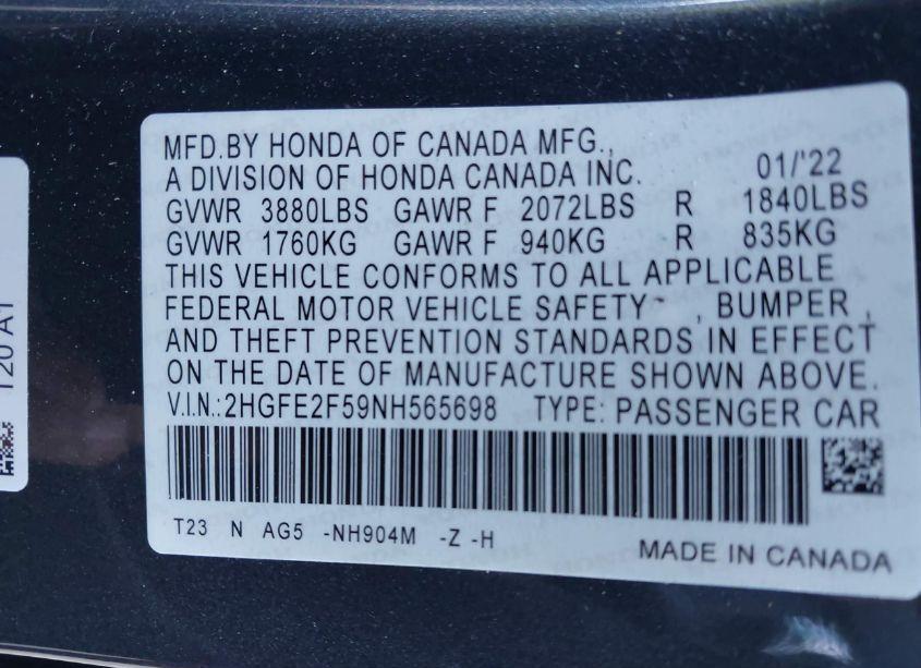 Photo 9 of 2022 Honda Civic SPORT (VIN 2HGFE2F59NH565698)