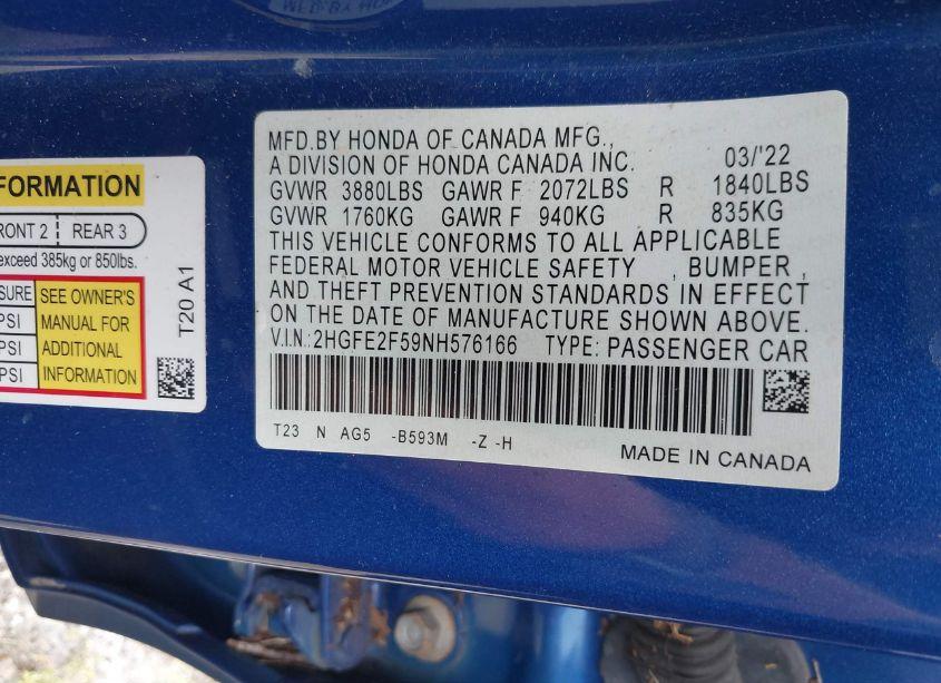 Photo 9 of 2022 Honda Civic SPORT (VIN 2HGFE2F59NH576166)
