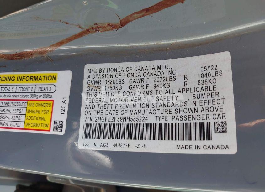 Photo 9 of 2022 Honda Civic SPORT (VIN 2HGFE2F59NH585224)