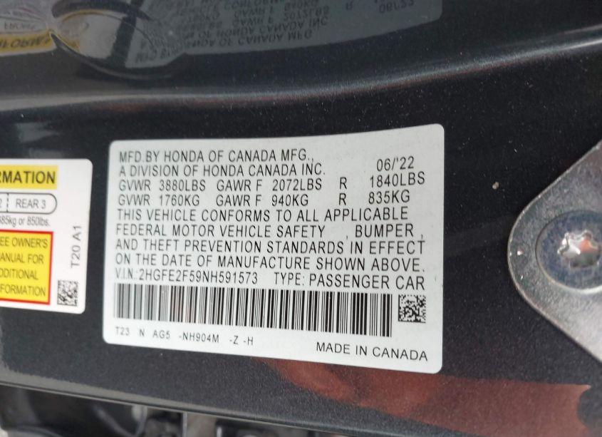 Photo 9 of 2022 Honda Civic SPORT (VIN 2HGFE2F59NH591573)