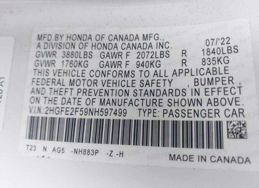 Photo 9 of 2022 Honda Civic SPORT (VIN 2HGFE2F59NH597499)