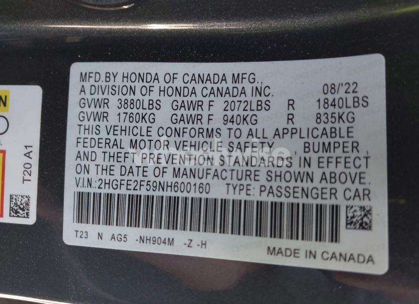 Photo 9 of 2022 Honda Civic SPORT (VIN 2HGFE2F59NH600160)